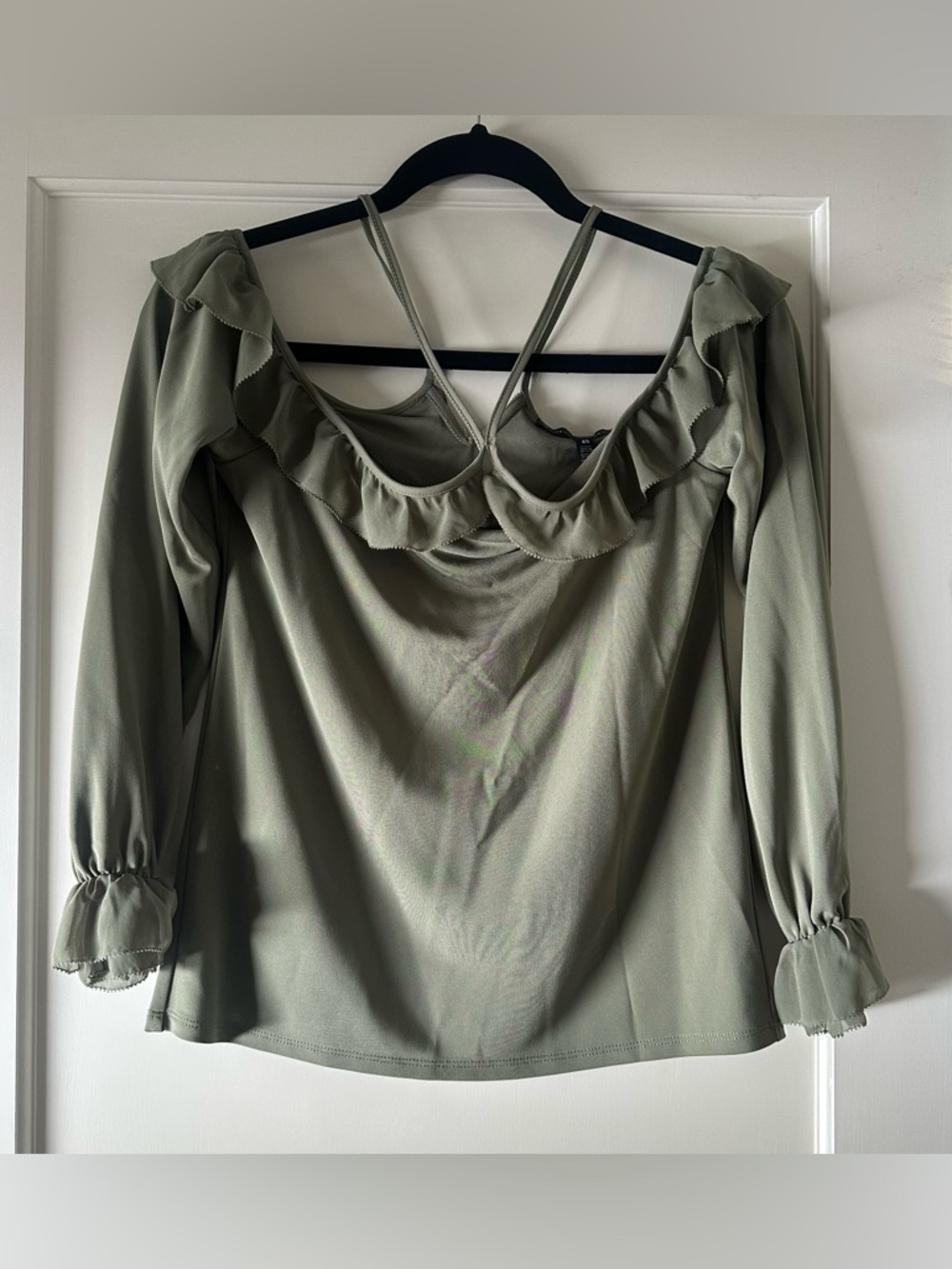 White House Black Market Olive Green Long Sleeve Cold Shoulder Blouse